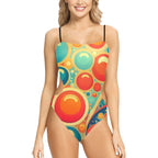 retro cut out swimsuit with colorful circular pattern and thin black straps