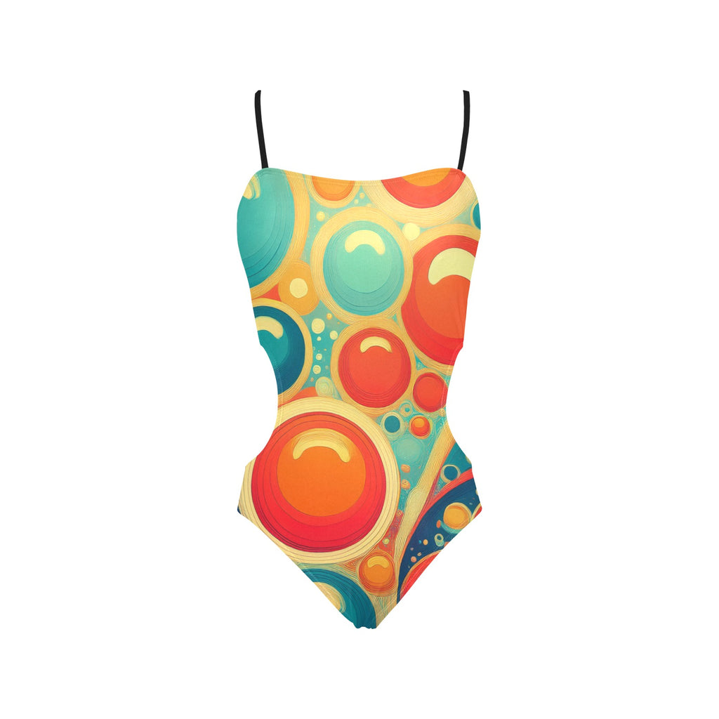 swimsuit with colorful circular pattern and thin black straps