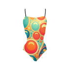 swimsuit with colorful circular pattern and thin black straps