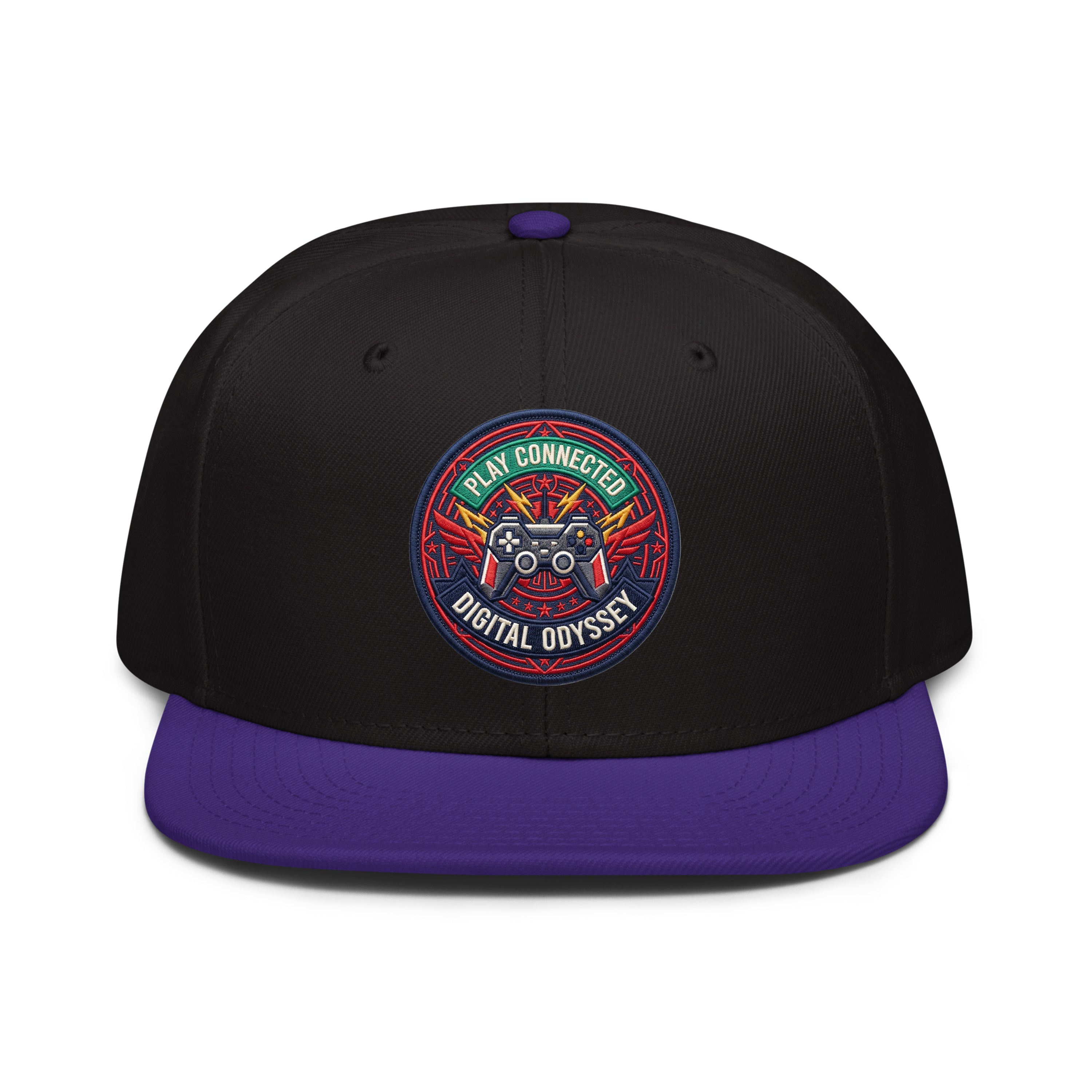 Black and purple snapback hat with retro gamer logo for gaming enthusiasts