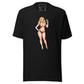 LuckeLadybug black T-shirt with a retro pin up tee design featuring a blonde woman in vintage swimwear holding a drink