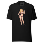 LuckeLadybug black T-shirt with a retro pin up tee design featuring a blonde woman in vintage swimwear holding a drink