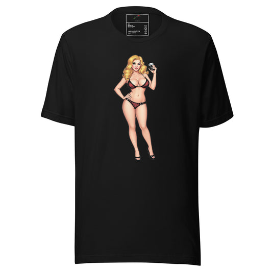 LuckeLadybug black T-shirt with a retro pin up tee design featuring a blonde woman in vintage swimwear holding a drink