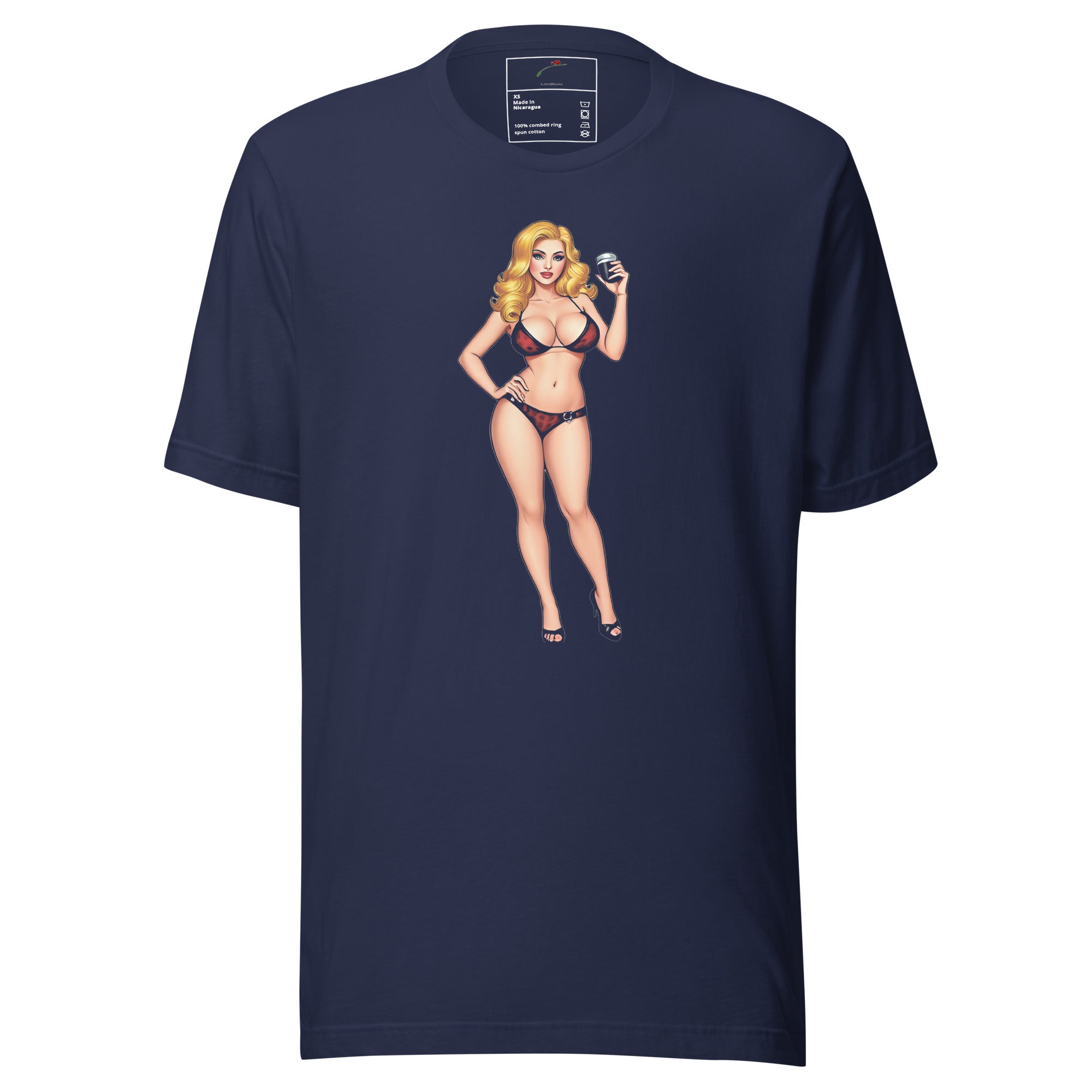 LuckeLadybug navy T-shirt featuring a retro pin up tee design with a blonde woman in vintage bikini