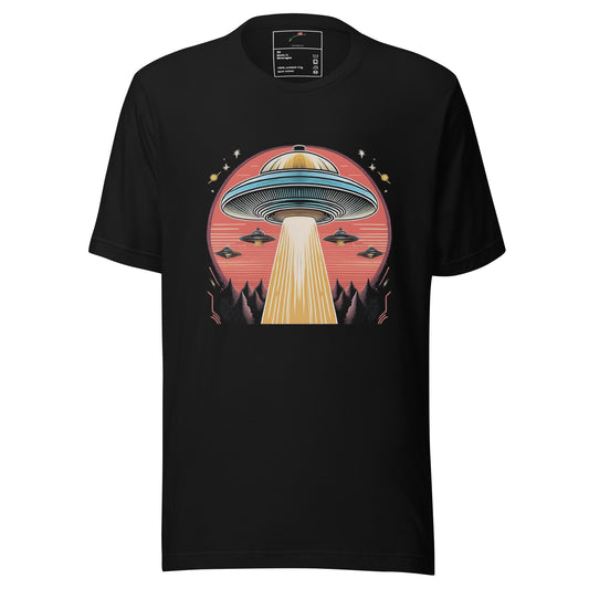 Black LuckeLadybug t-shirt with retro UFO artwork tee shirt design featuring a large UFO and smaller ships over a forest