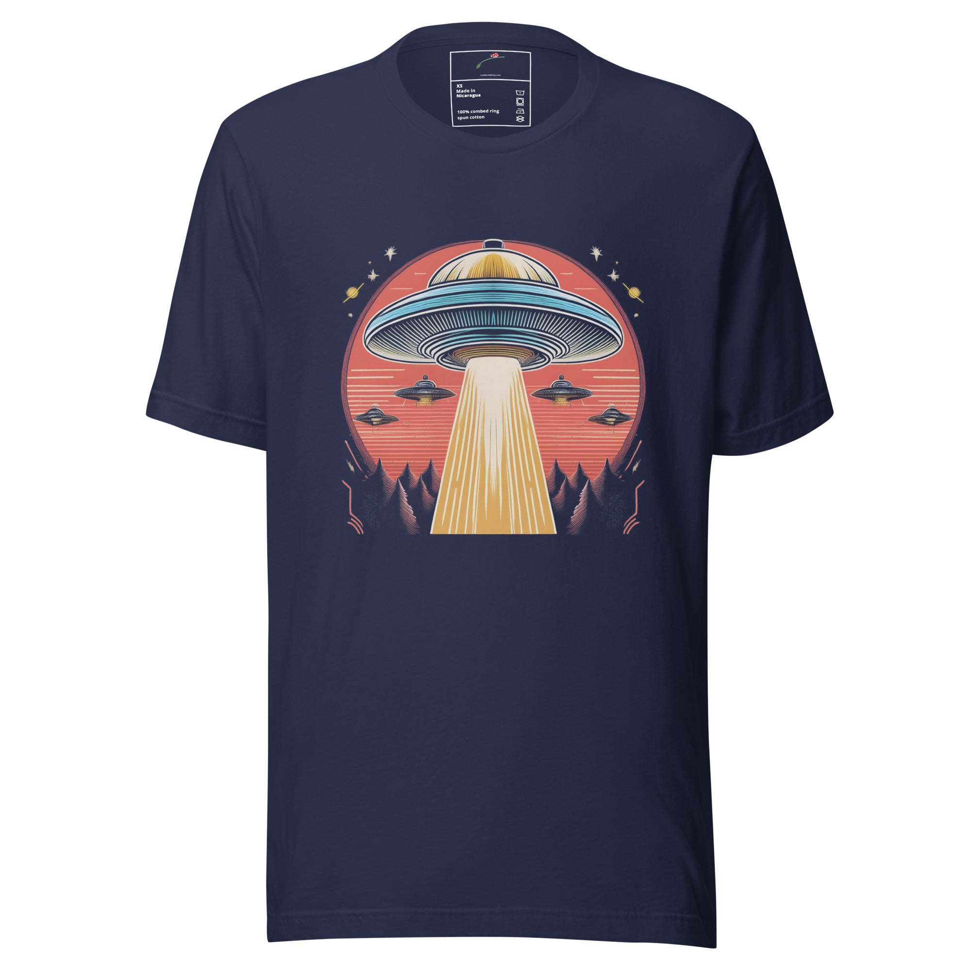 LuckeLadybug navy t-shirt with retro UFO artwork tee shirt design featuring a large UFO and beams