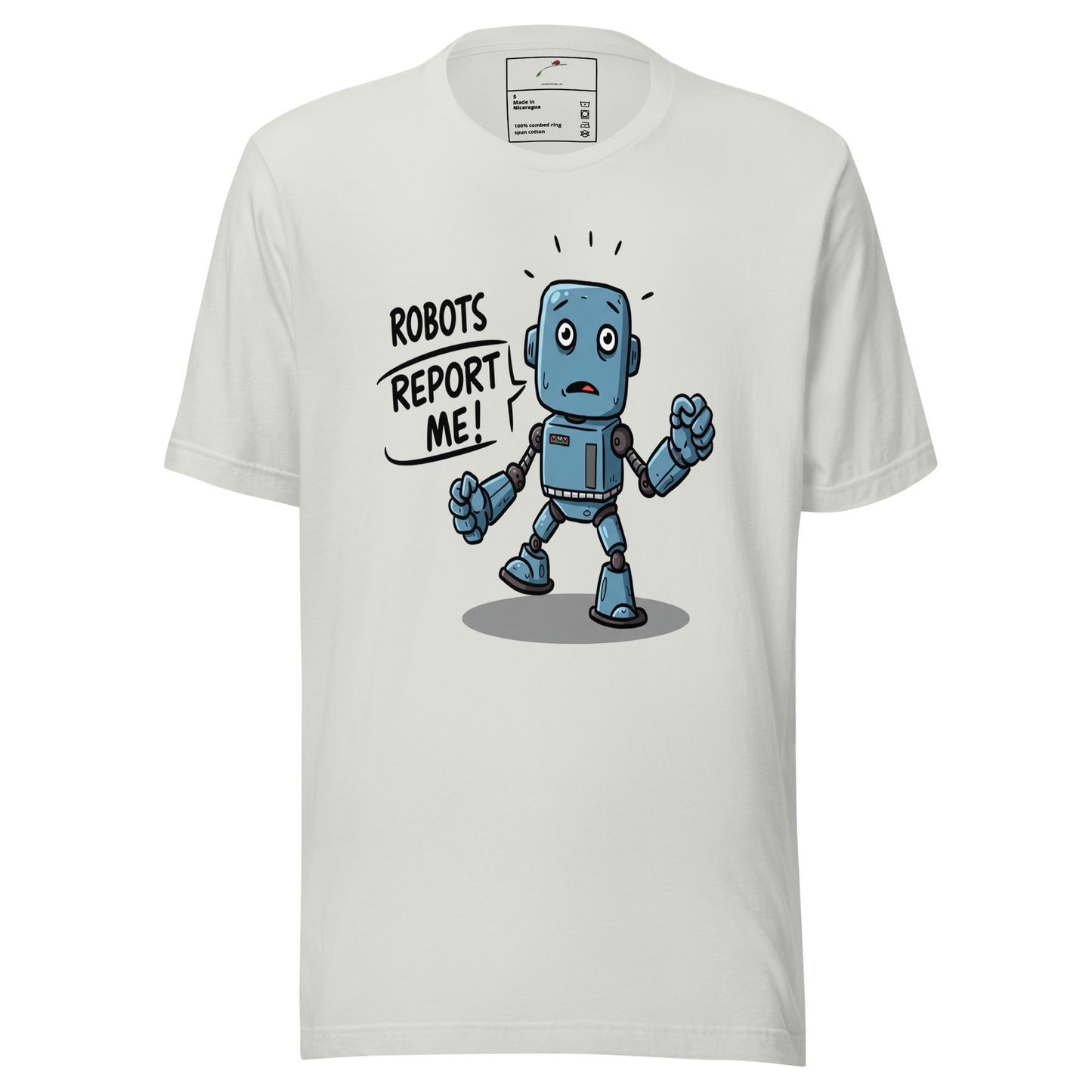 LuckeLadybug white tee featuring a worried blue cartoon robot graphic and speech bubble robots report me t-shirt