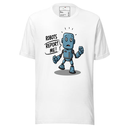 LuckeLadybug white cotton robots report me t-shirt with blue cartoon surprised robot graphic front
