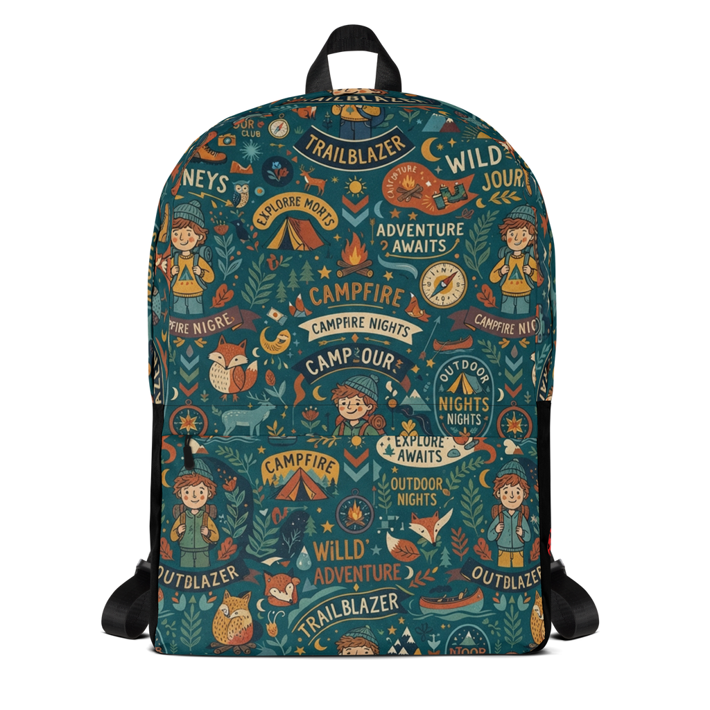 LuckeLadybug canvas rucksack backpack featuring a whimsical camping design with adventure themes