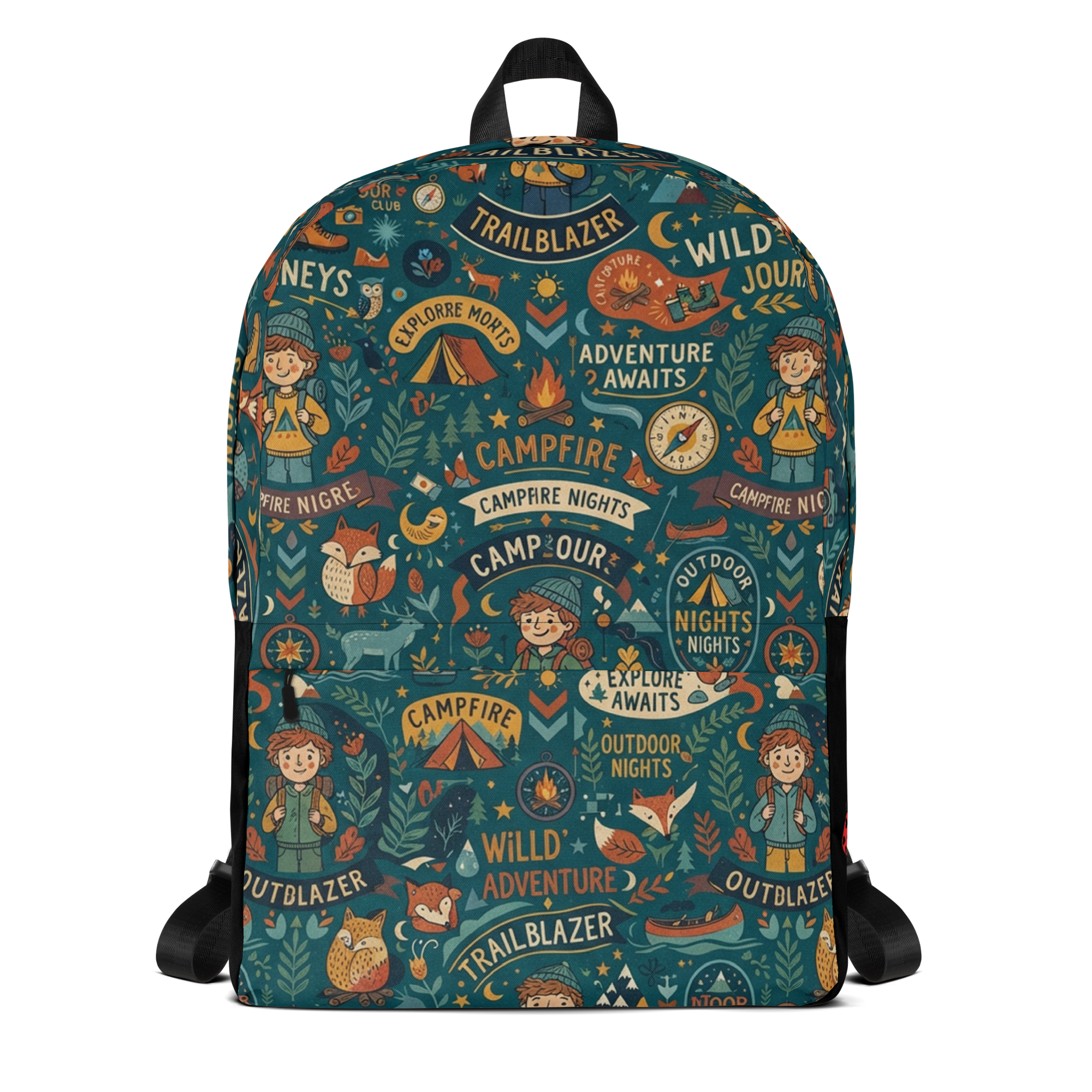 LuckeLadybug canvas rucksack backpack featuring a whimsical camping design with adventure themes