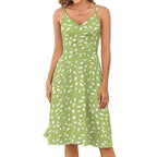 sage green suspender dress with white abstract spots and ruched front detail