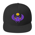 LuckeLadybug black snapback hat with purple and yellow scarab embroidered cap design