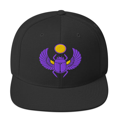 LuckeLadybug black snapback hat with purple and yellow scarab embroidered cap design