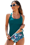 LuckeLadybug sea green tummy control tankini with floral patterned bottoms and adjustable straps