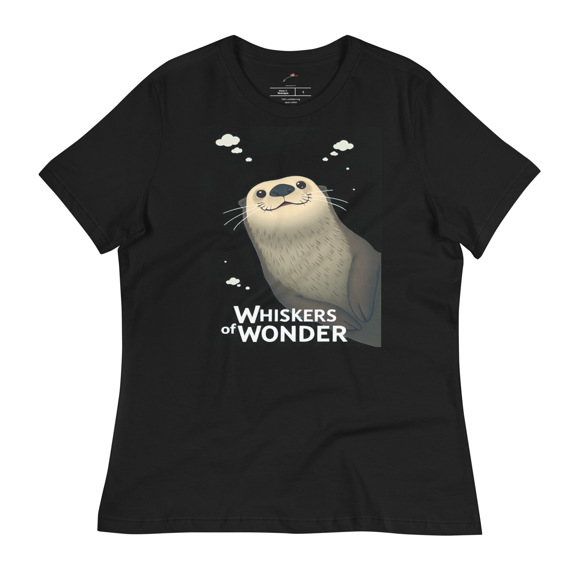 Black sea otter graphic t-shirt with cute otter and Whiskers of Wonder text