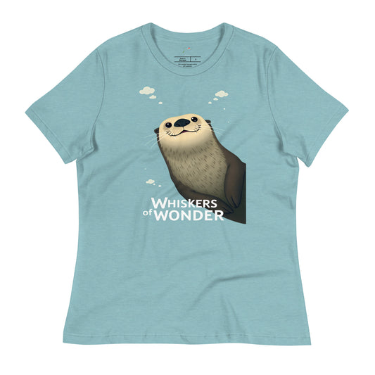 sea otter graphic t-shirt in light blue with whimsical otter illustration and Whiskers of Wonder text