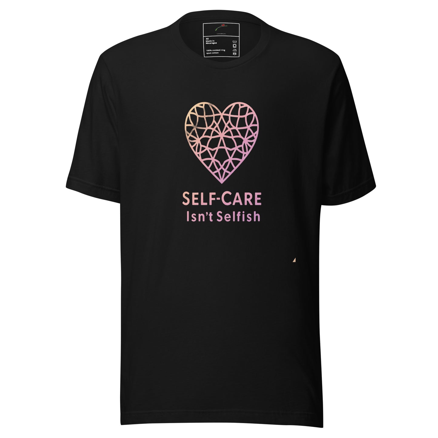 LuckeLadybug self-care t-shirt black crewneck with geometric gradient heart and SELF-CARE Isnt Selfish slogan