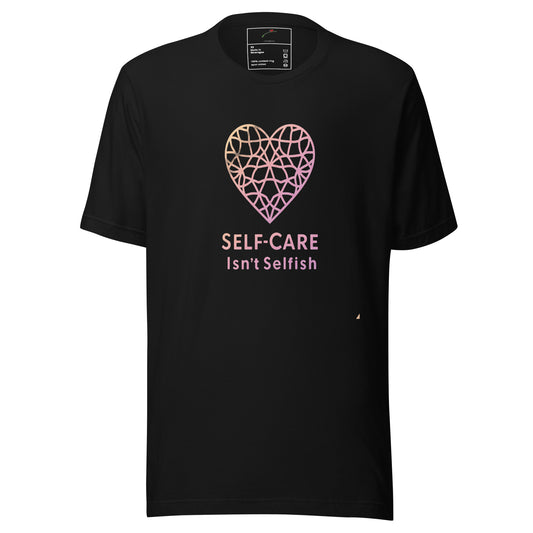 LuckeLadybug self-care t-shirt black crewneck with geometric gradient heart and SELF-CARE Isnt Selfish slogan