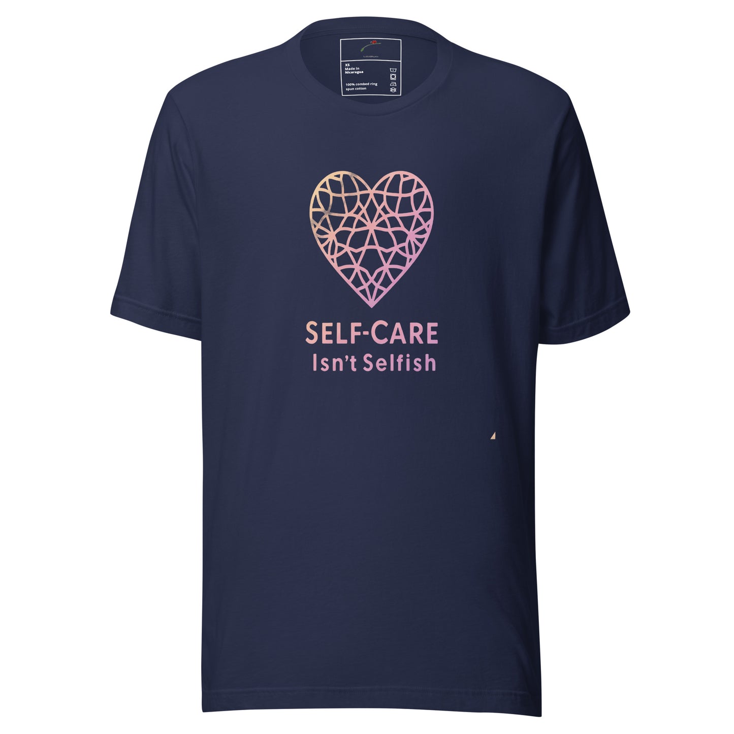 LuckeLadybug navy self-care t-shirt with pink geometric heart graphic and SELF CARE Isnt Selfish slogan