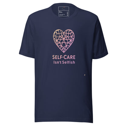 LuckeLadybug navy self-care t-shirt with pink geometric heart graphic and SELF CARE Isnt Selfish slogan
