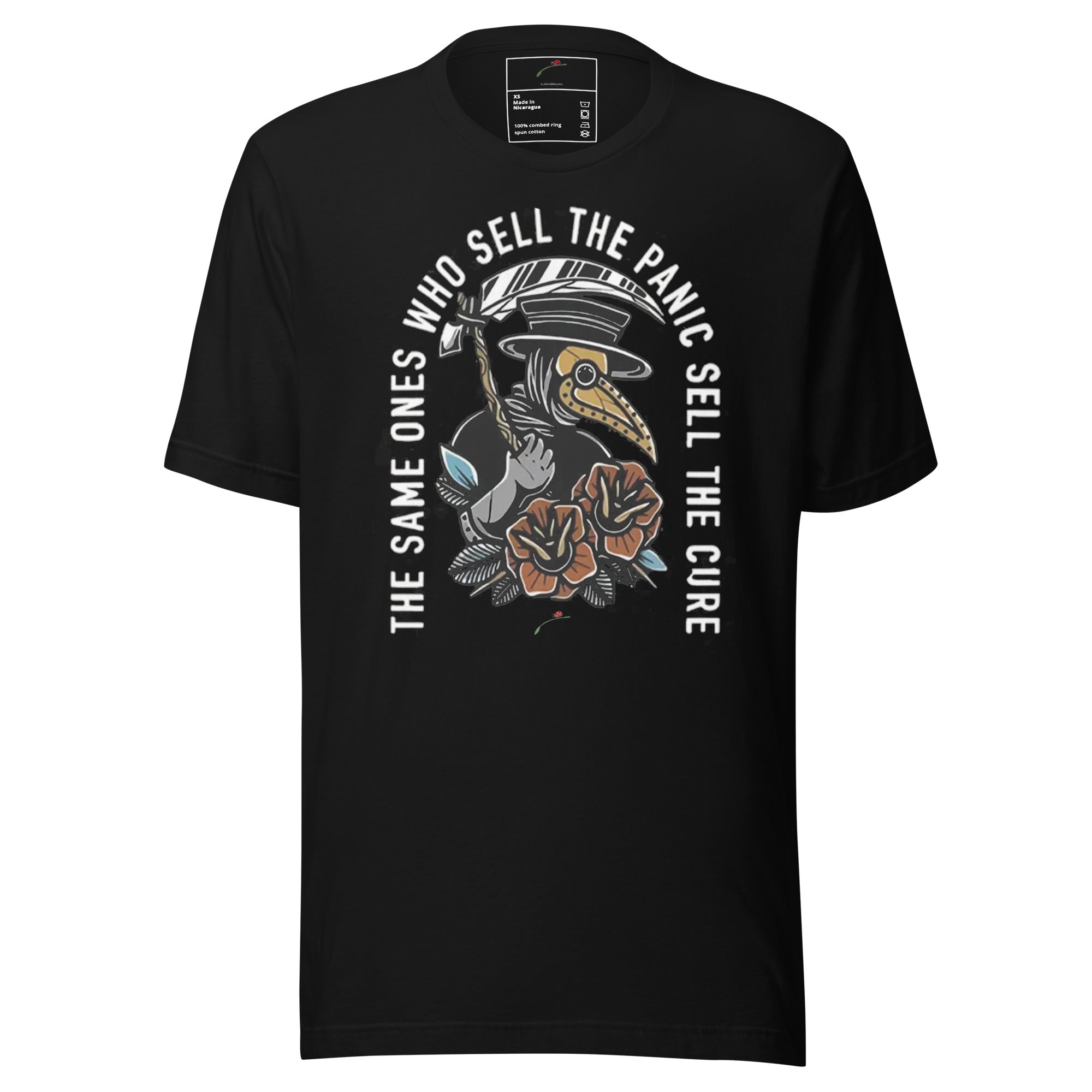 LuckeLadybug black t shirt with plague doctor mask and roses The same ones who sell the panic sell the cure t-shirt