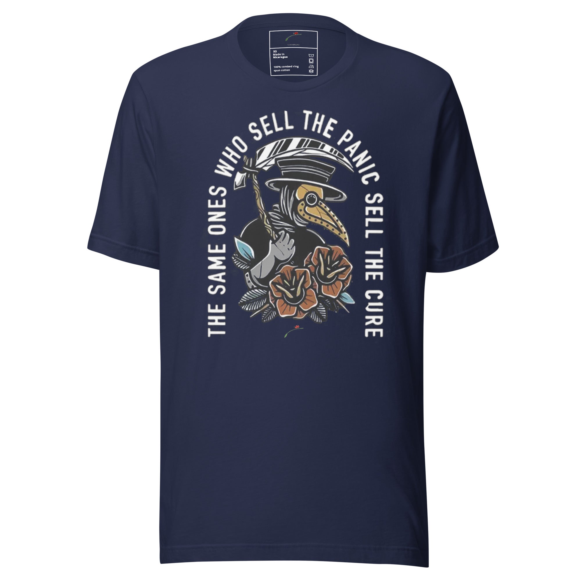 LuckeLadybug navy T shirt with plague doctor and floral graphic and slogan sell the panic sell the cure t-shirt