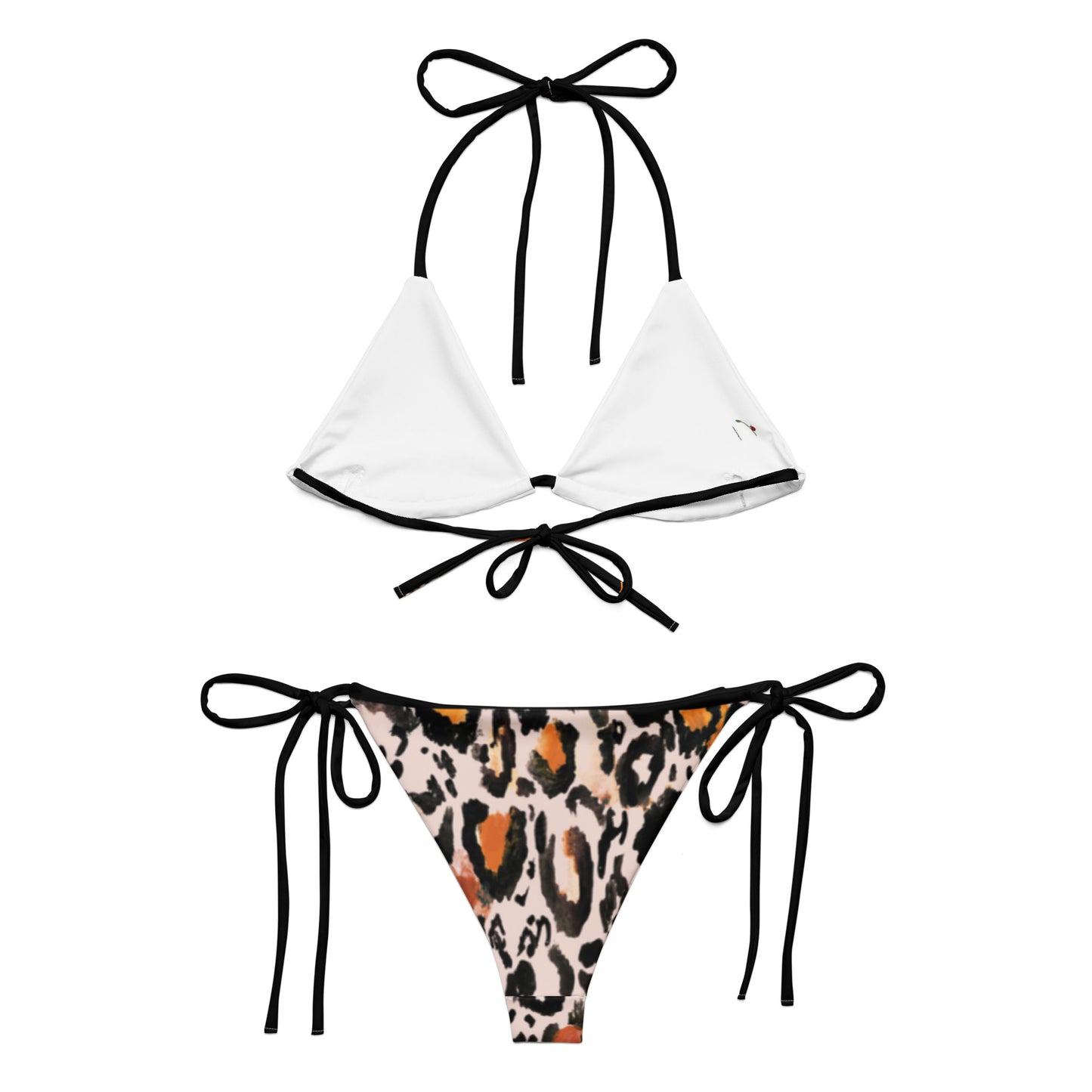 bikini set featuring white top and sexy animal print swimwear bottom with black tie straps