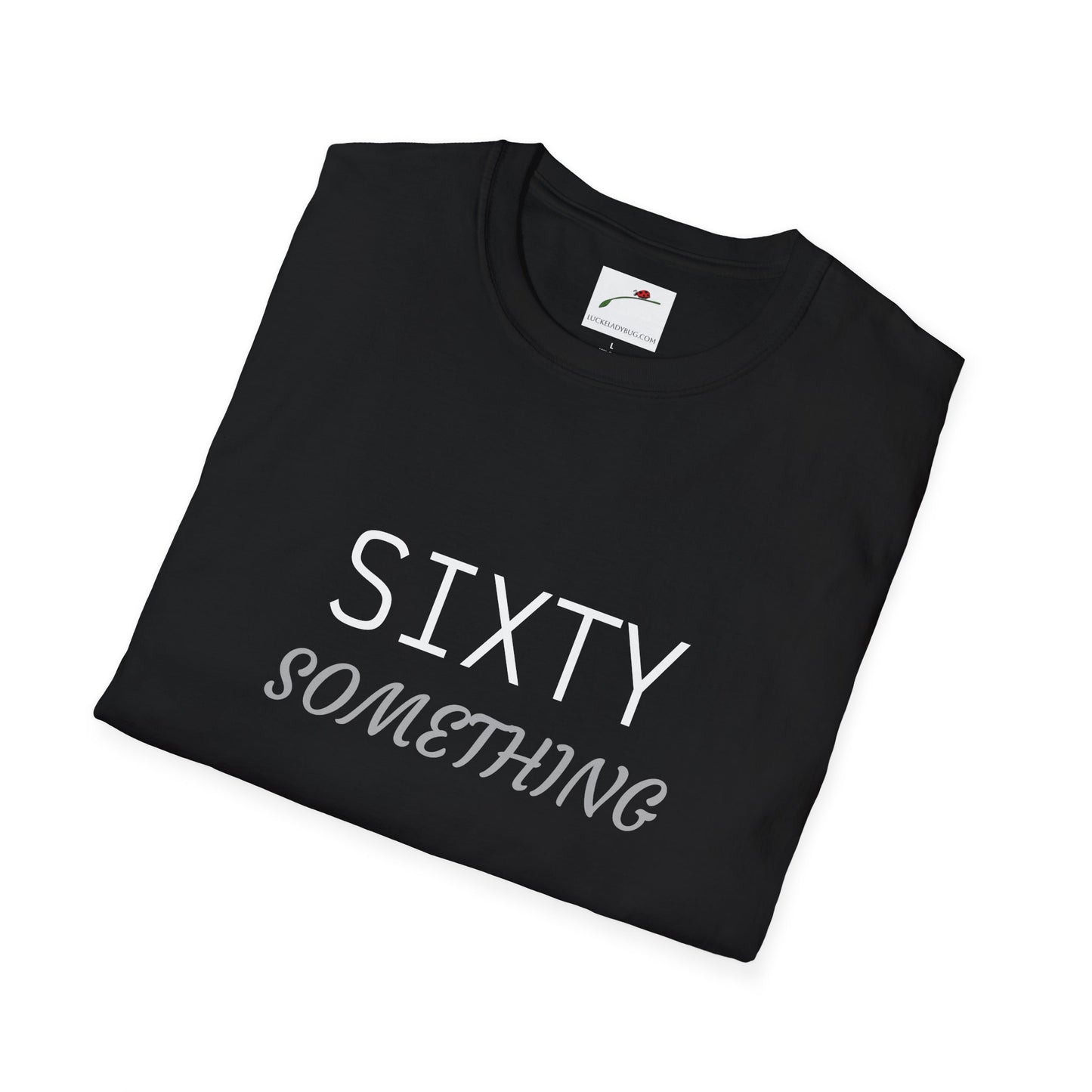Black LuckeLadybug sixty something t shirt with white and gray text folded on white background