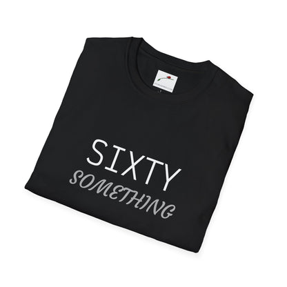 Black LuckeLadybug sixty something t shirt with white and gray text folded on white background