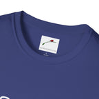 Close-up of LuckeLadybug navy blue sixty something t shirt collar and tag