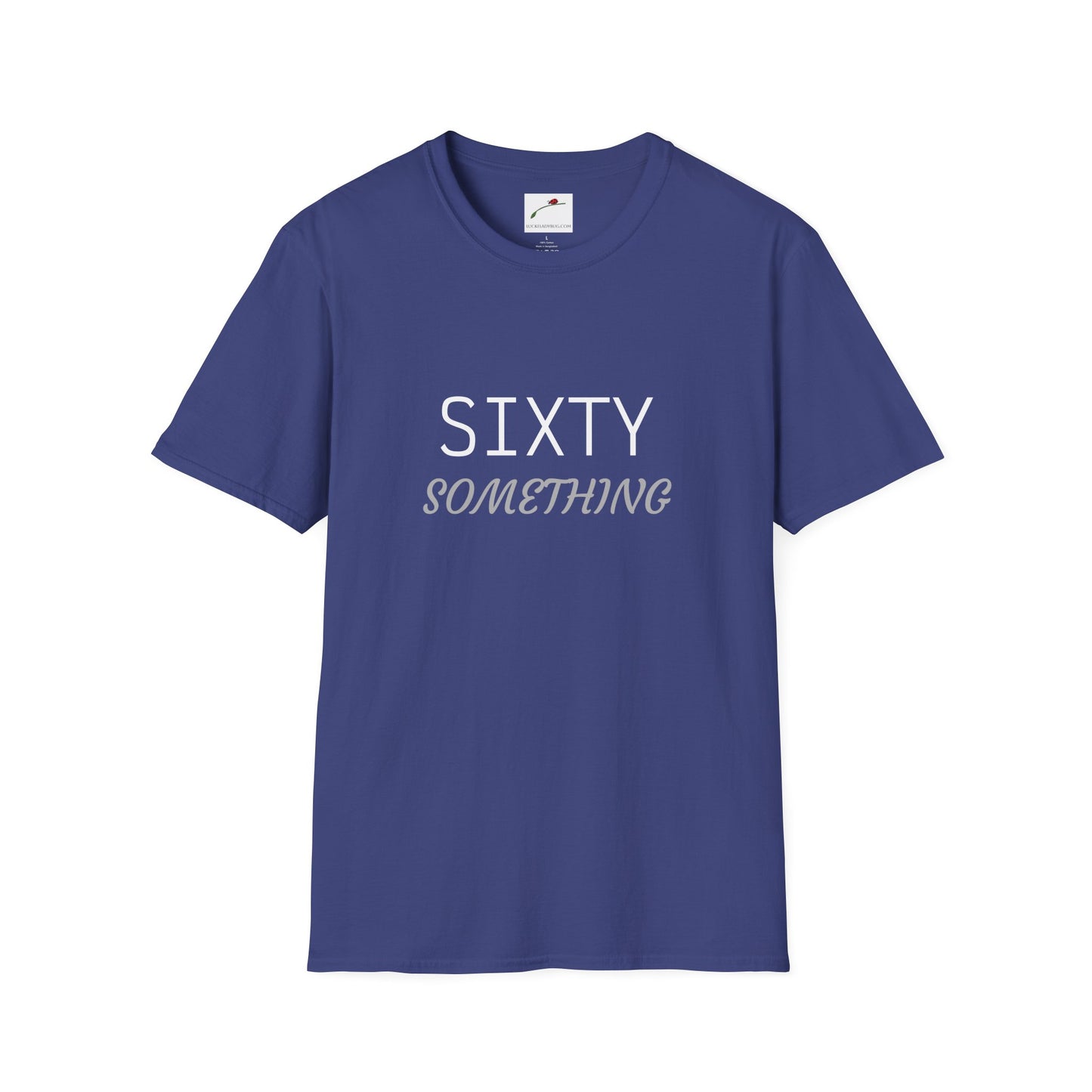 LuckeLadybug navy blue sixty something t shirt with white and gray text design