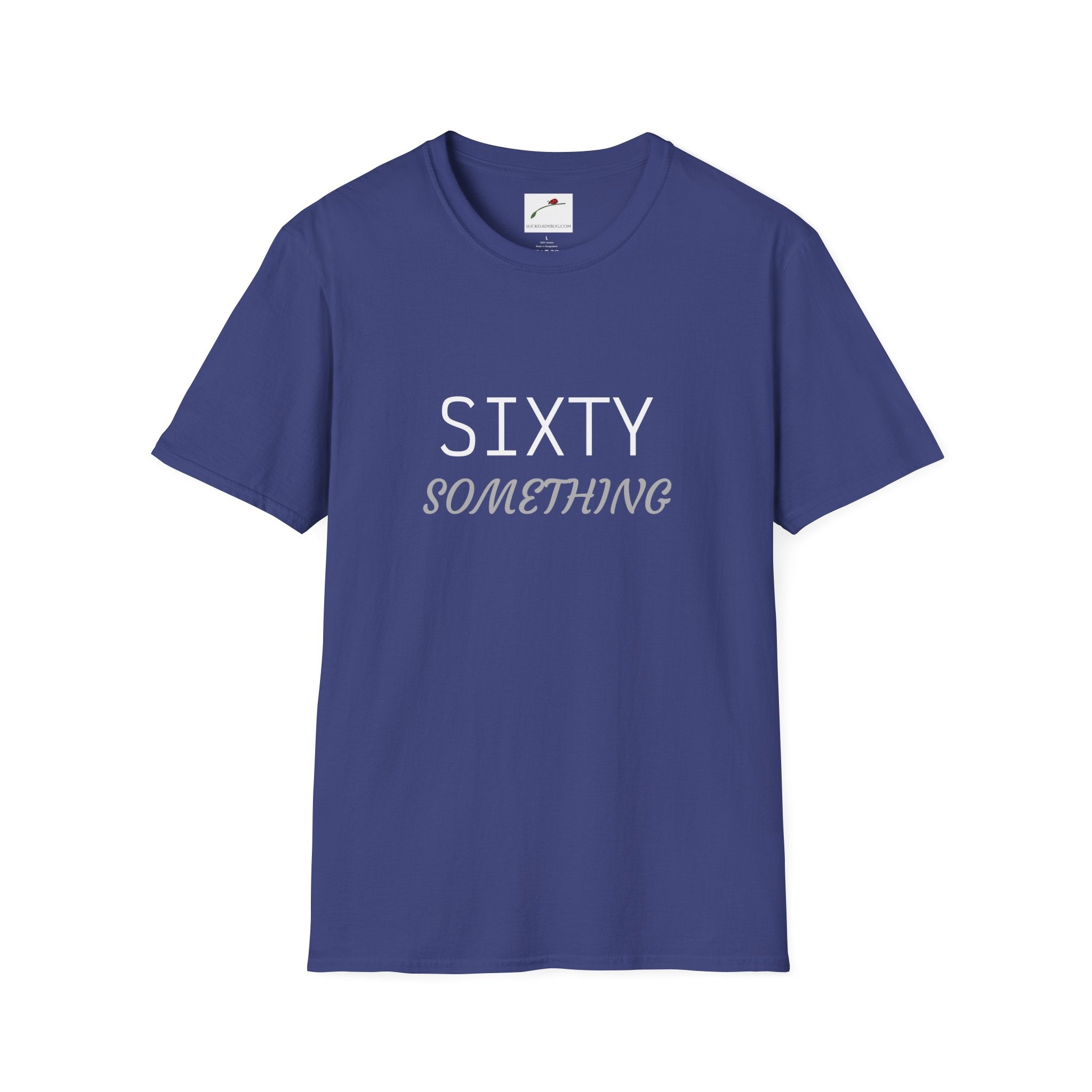 LuckeLadybug navy blue sixty something t shirt with white and gray text design