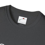 LuckeLadybug sixty something t shirt close-up showing dark gray fabric and collar detail