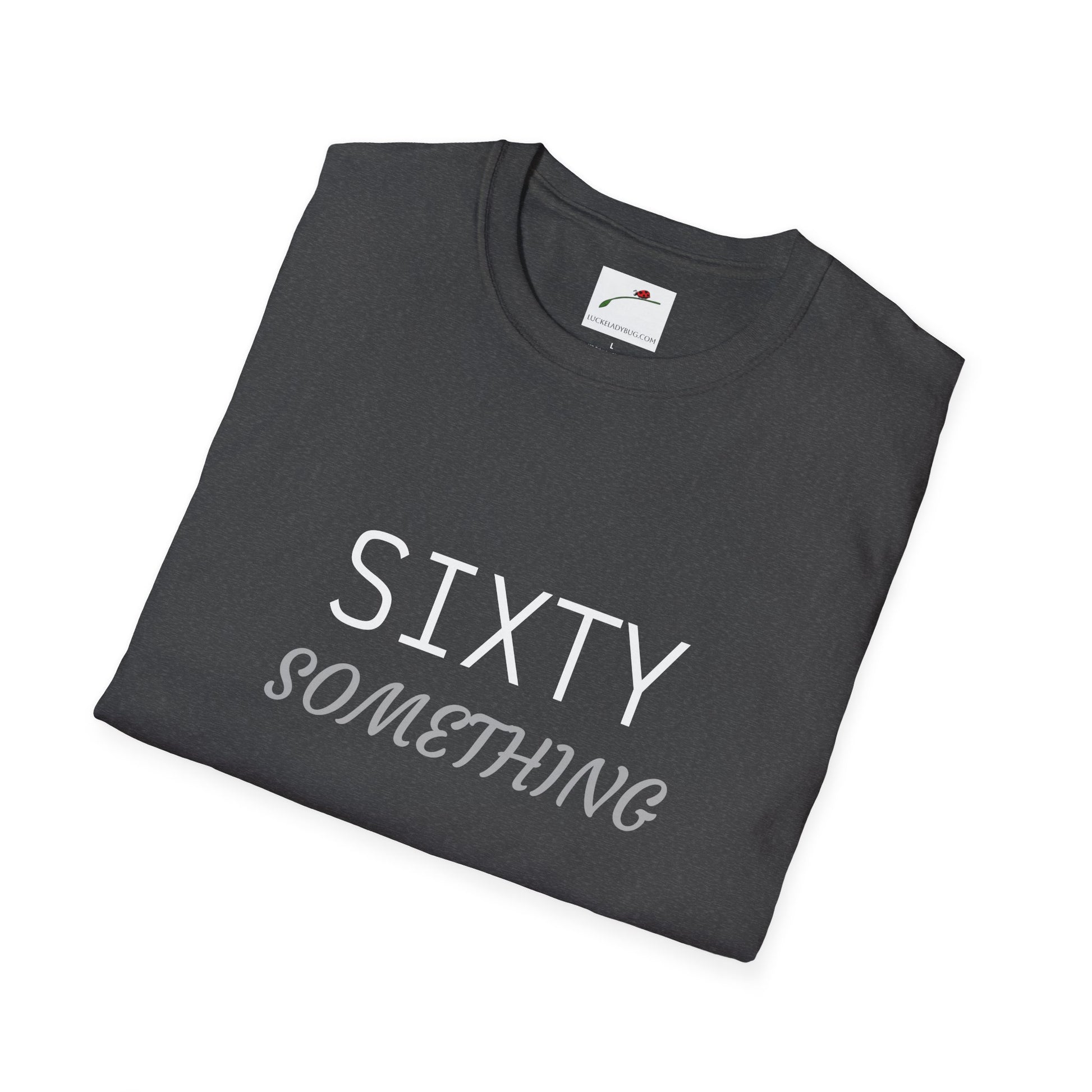 LuckeLadybug sixty something t shirt in black with white and gray text folded neatly
