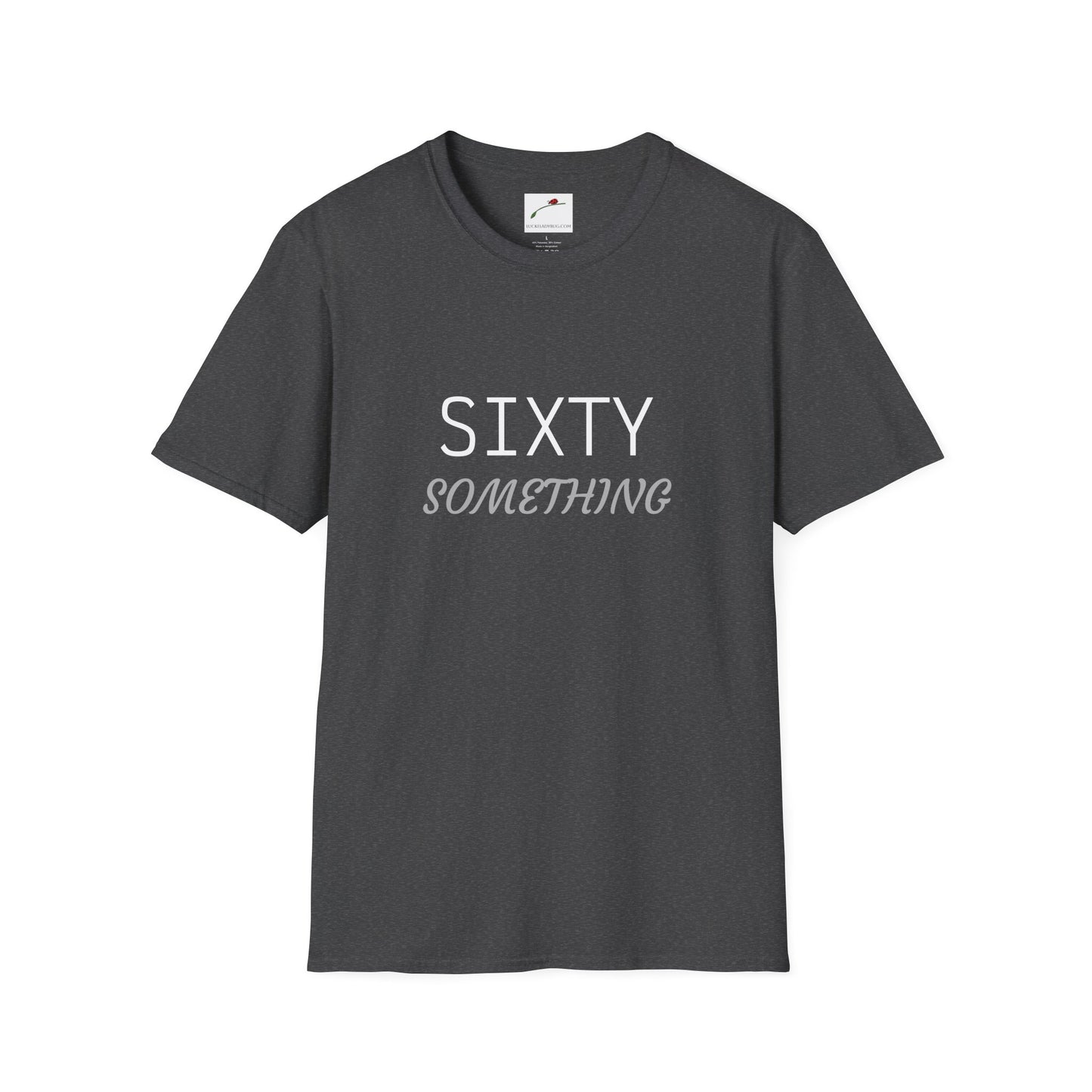 LuckeLadybug sixty something t shirt in charcoal gray with simple white and gray text design
