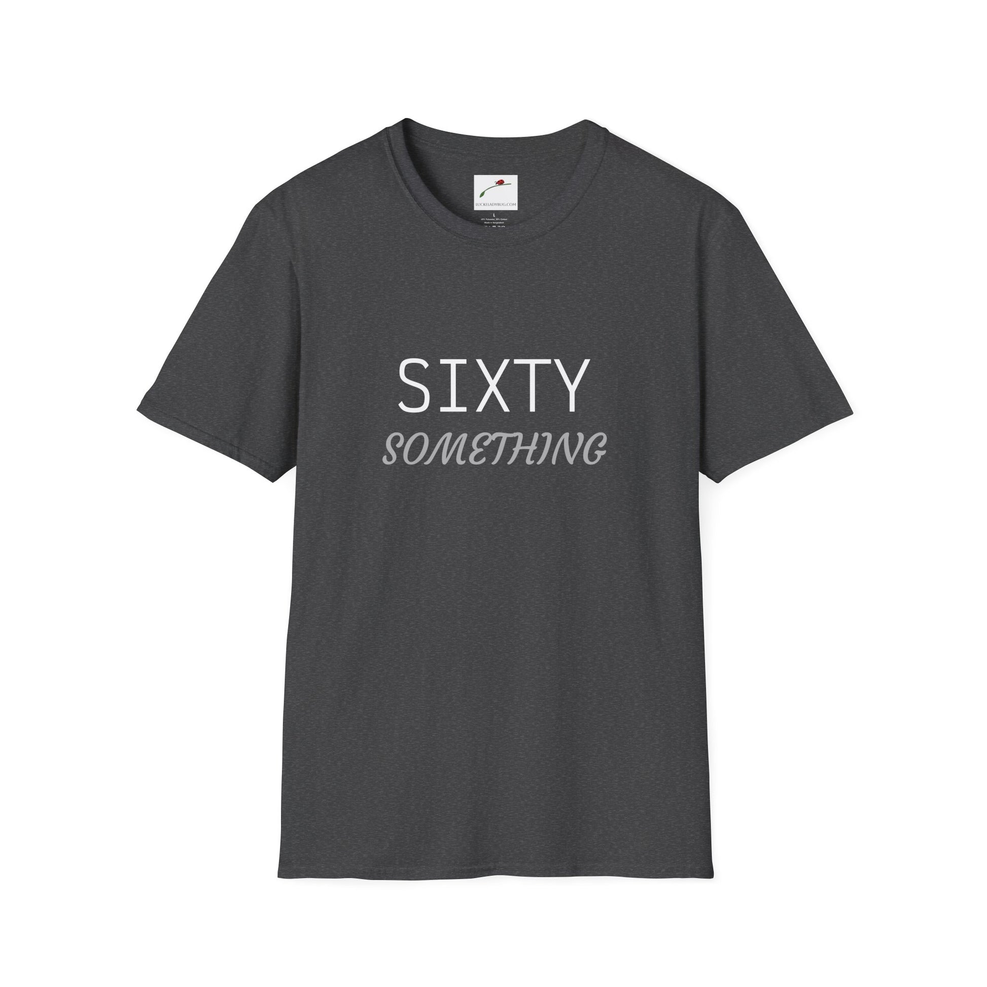LuckeLadybug sixty something t shirt in charcoal gray with simple white and gray text design