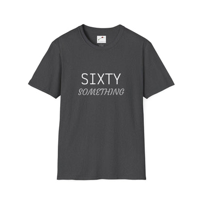 LuckeLadybug sixty something t shirt in charcoal gray with simple white and gray text design