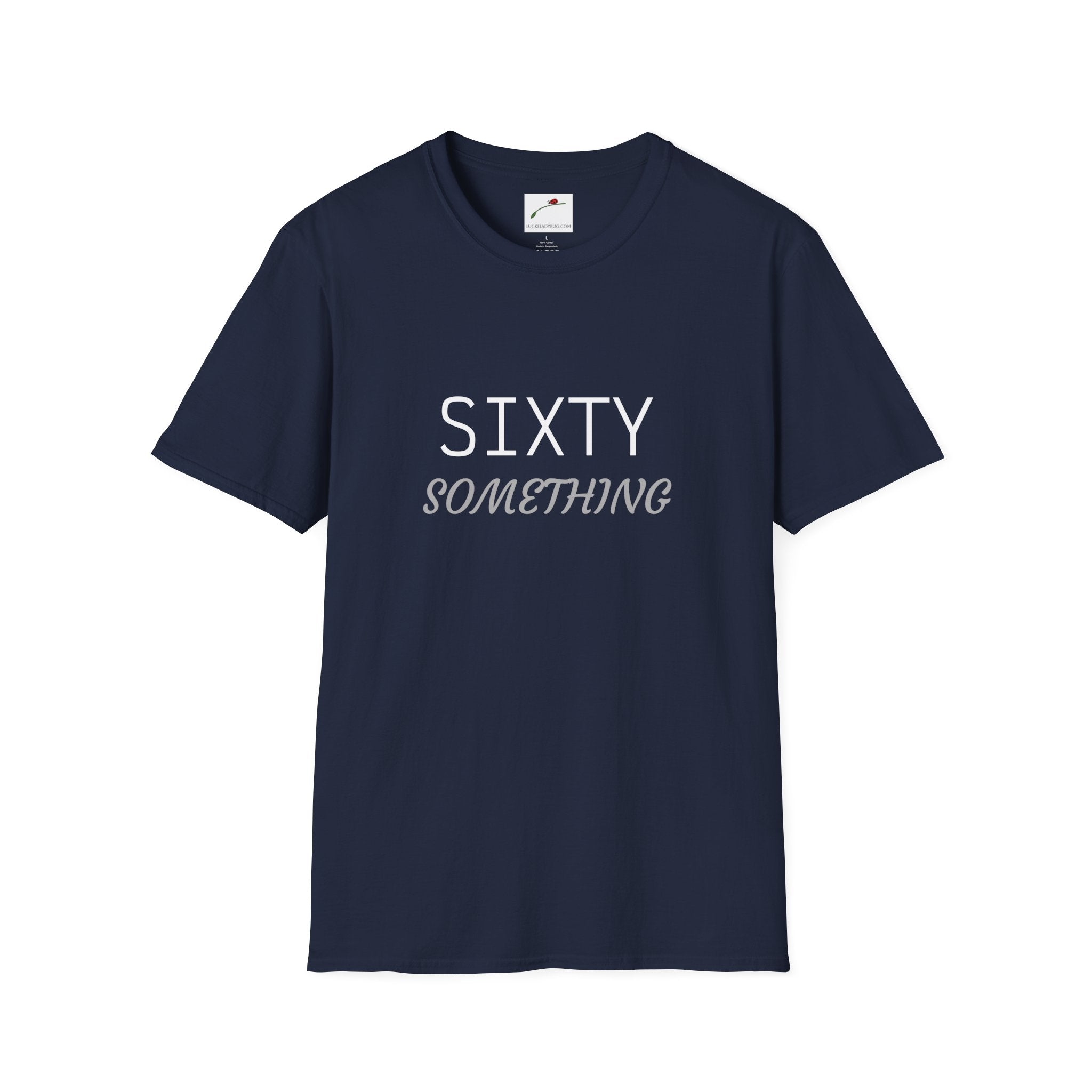 navy blue sixty something t shirt with white and gray text design