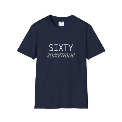 navy blue sixty something t shirt with white and gray text design