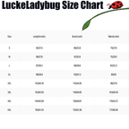 Size chart for LuckeLadybug including measurements for bust waist and length in centimeters and inches