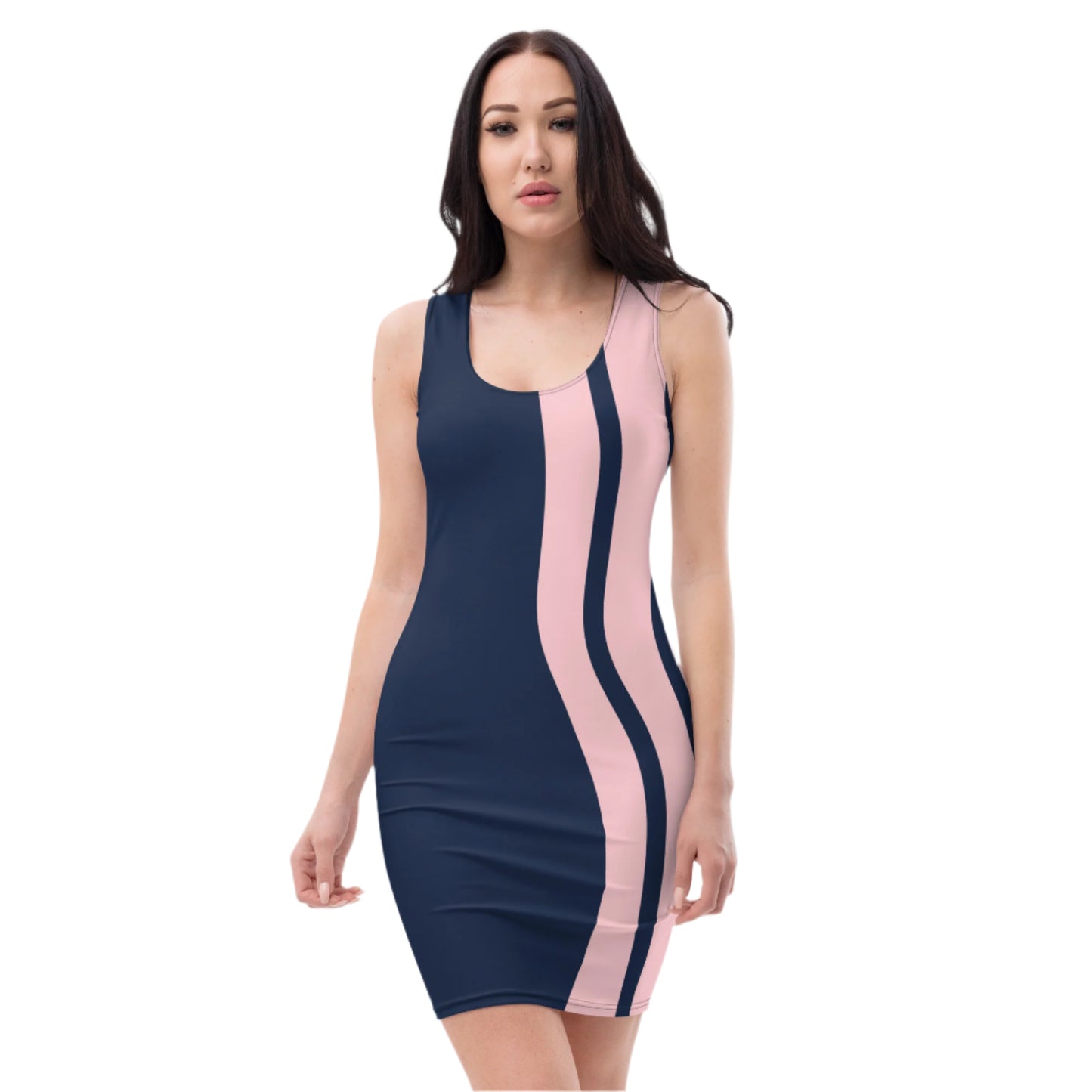 LuckeLadybug sleek bodycon dress in navy blue with pink curved stripes sleeveless design