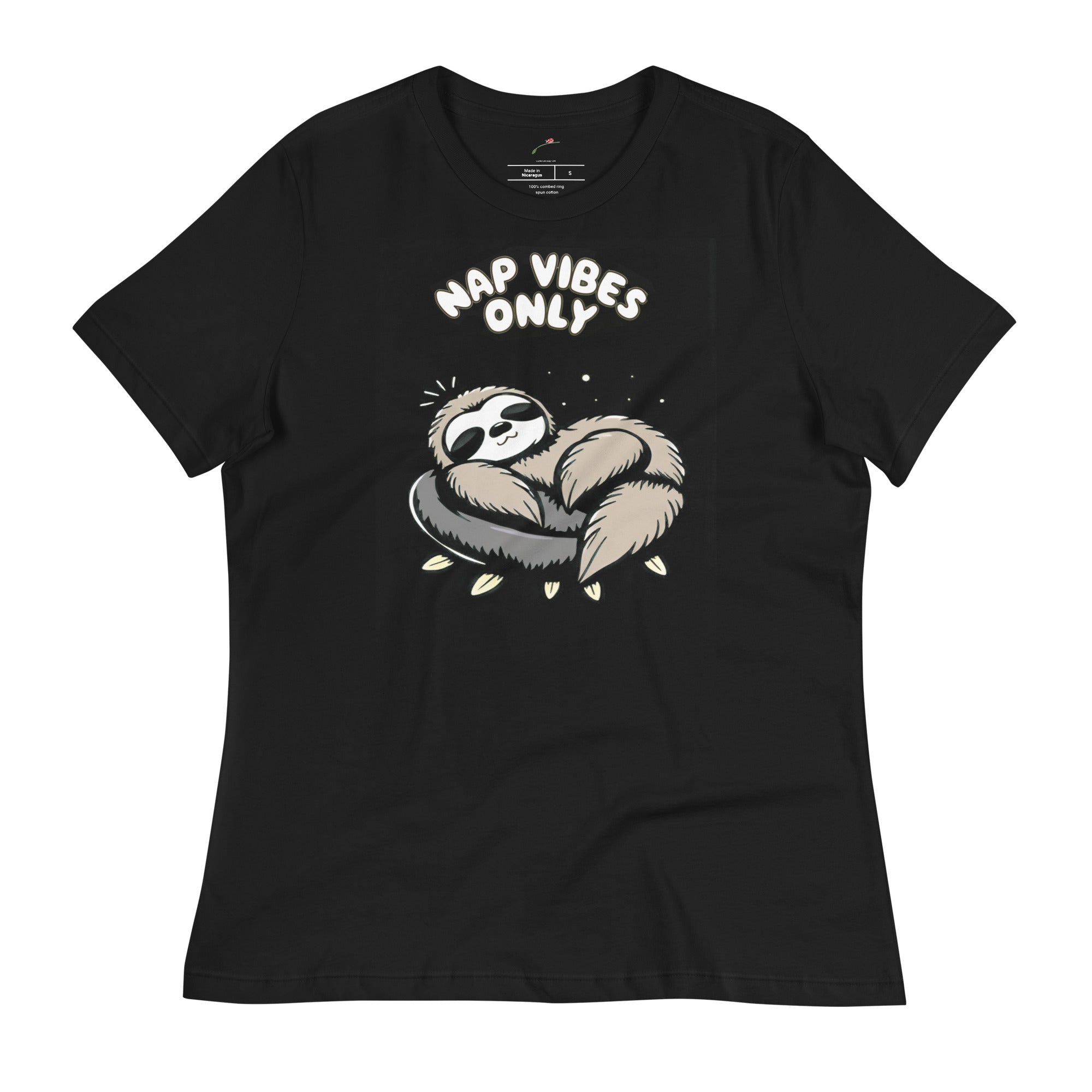 black T-shirt with sleepy sloth graphic tee design featuring a sleeping sloth and nap vibes only text