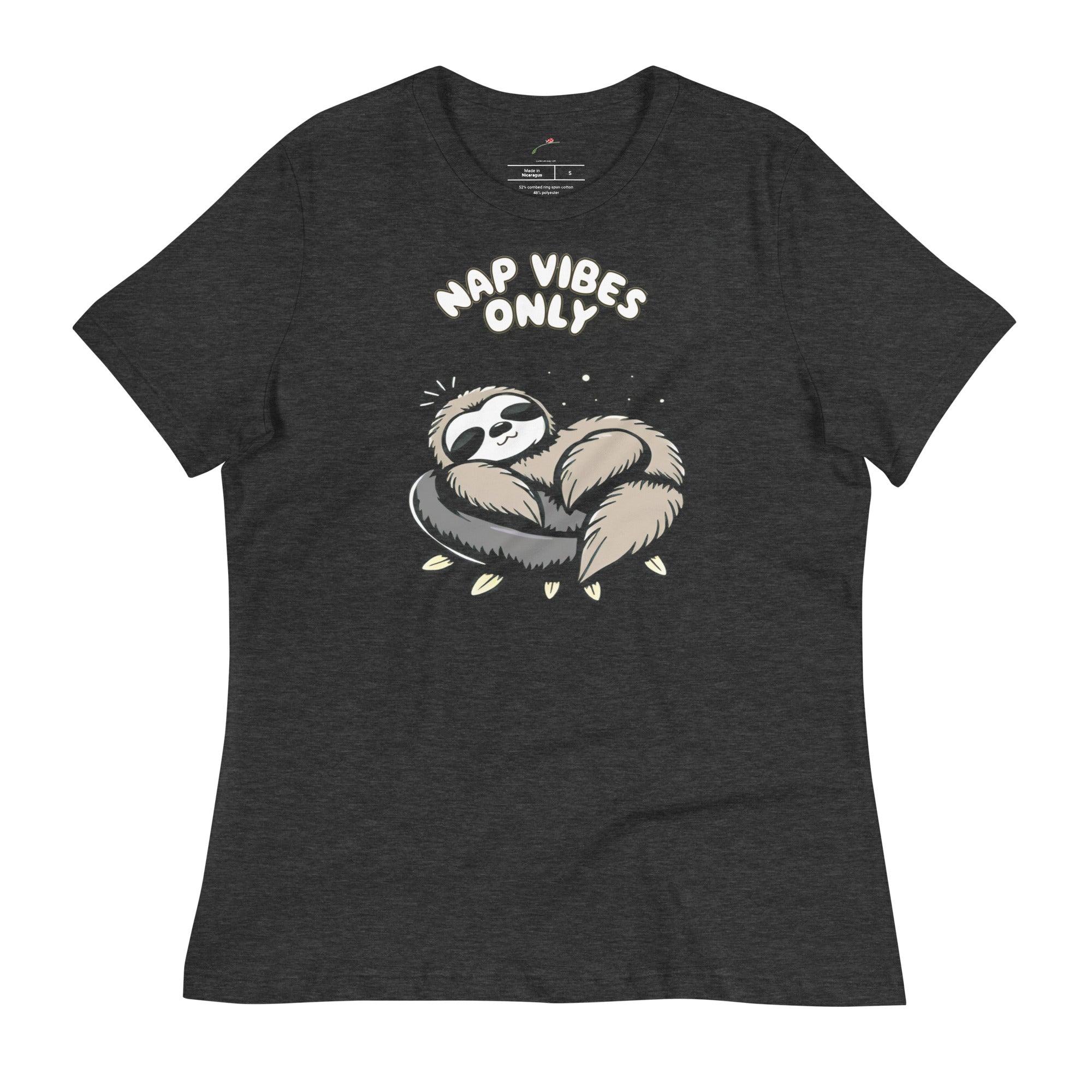 sleepy sloth graphic tee in charcoal with nap vibes only design