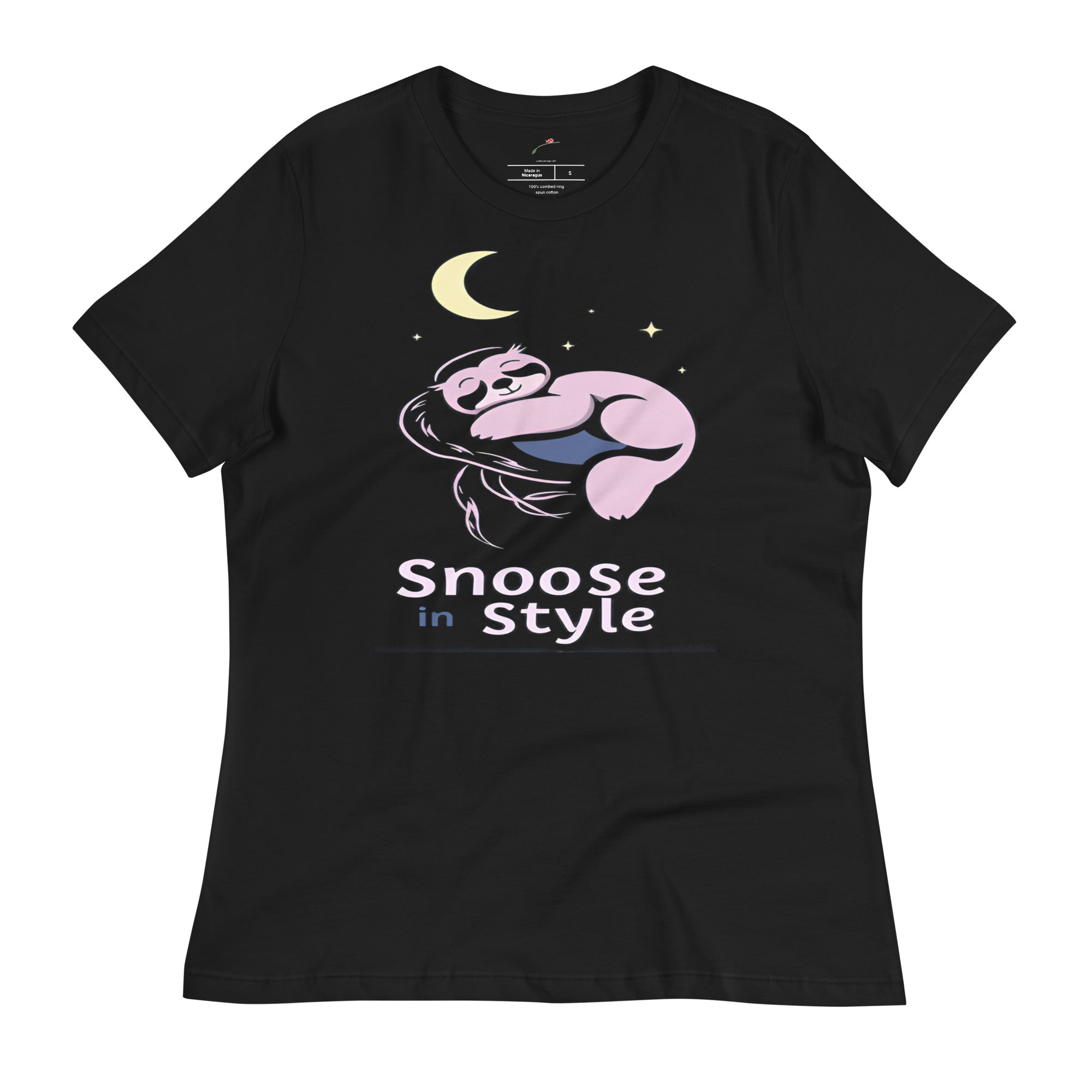 Black sloth nap time t-shirt with a cute sleeping sloth under moon and stars graphic