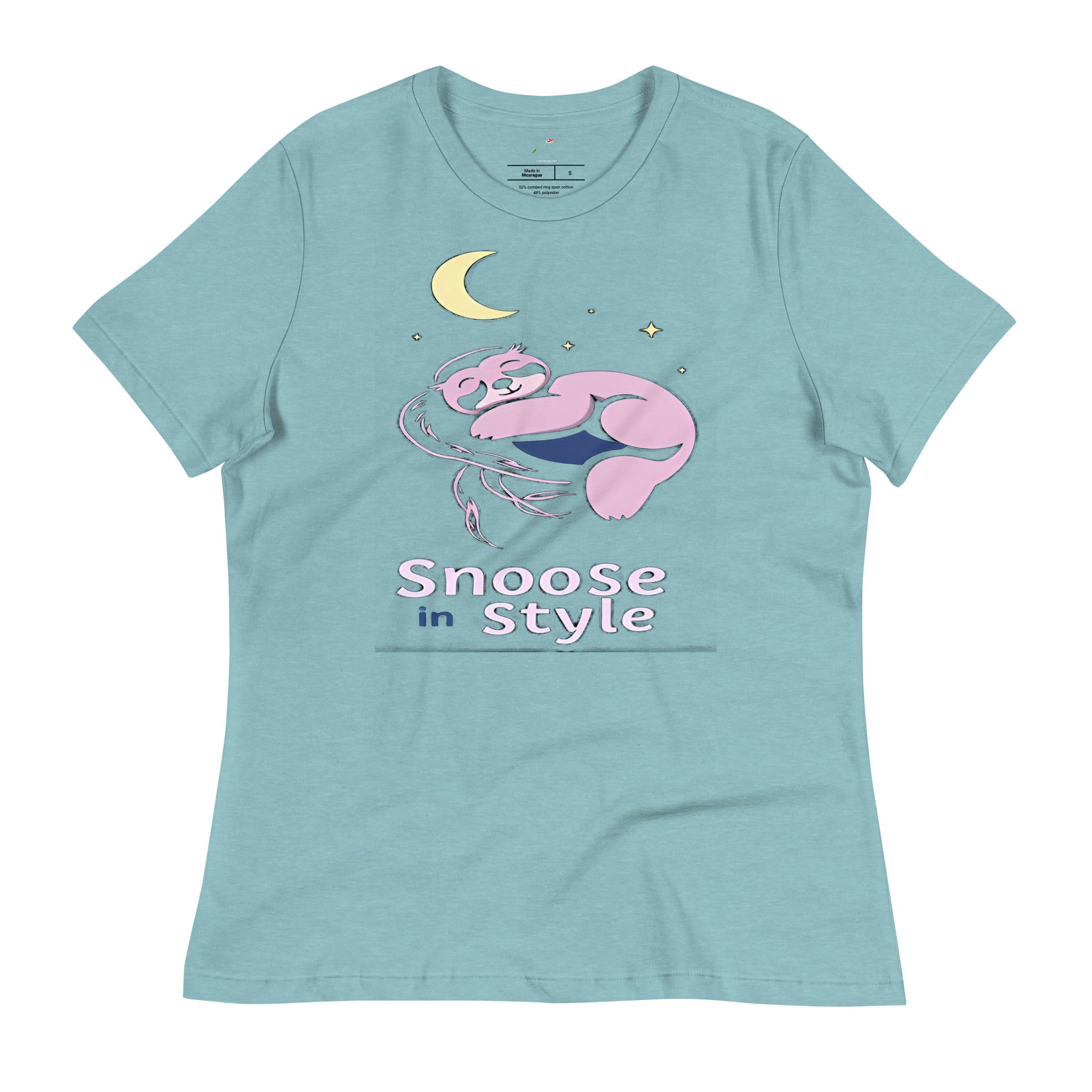Light blue sloth nap time t-shirt with sleeping sloth and crescent moon graphic design