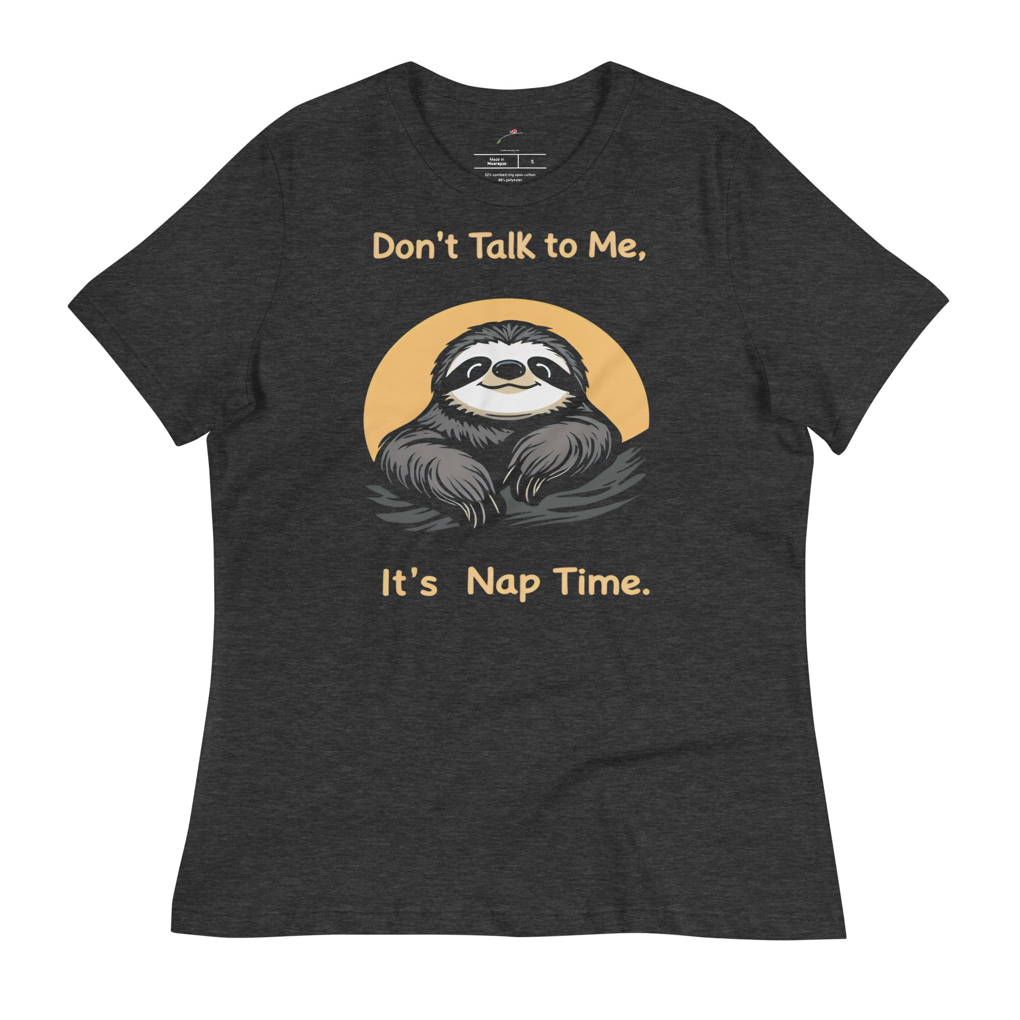 sloth nap time t-shirt in dark gray featuring a cute sloth and text don't talk to me it's nap time