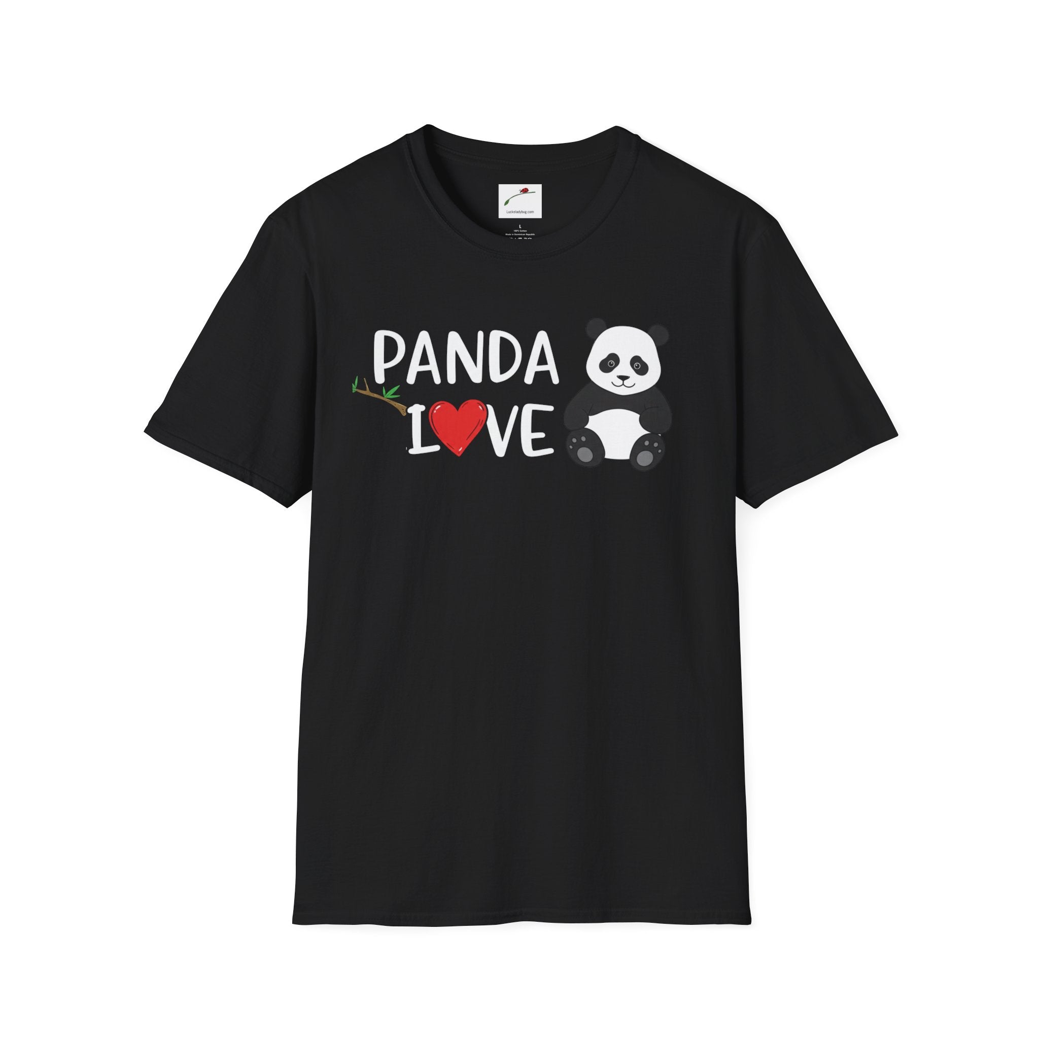 LuckeLadybug softstyle panda love shirt in black with cute panda graphic and heart design
