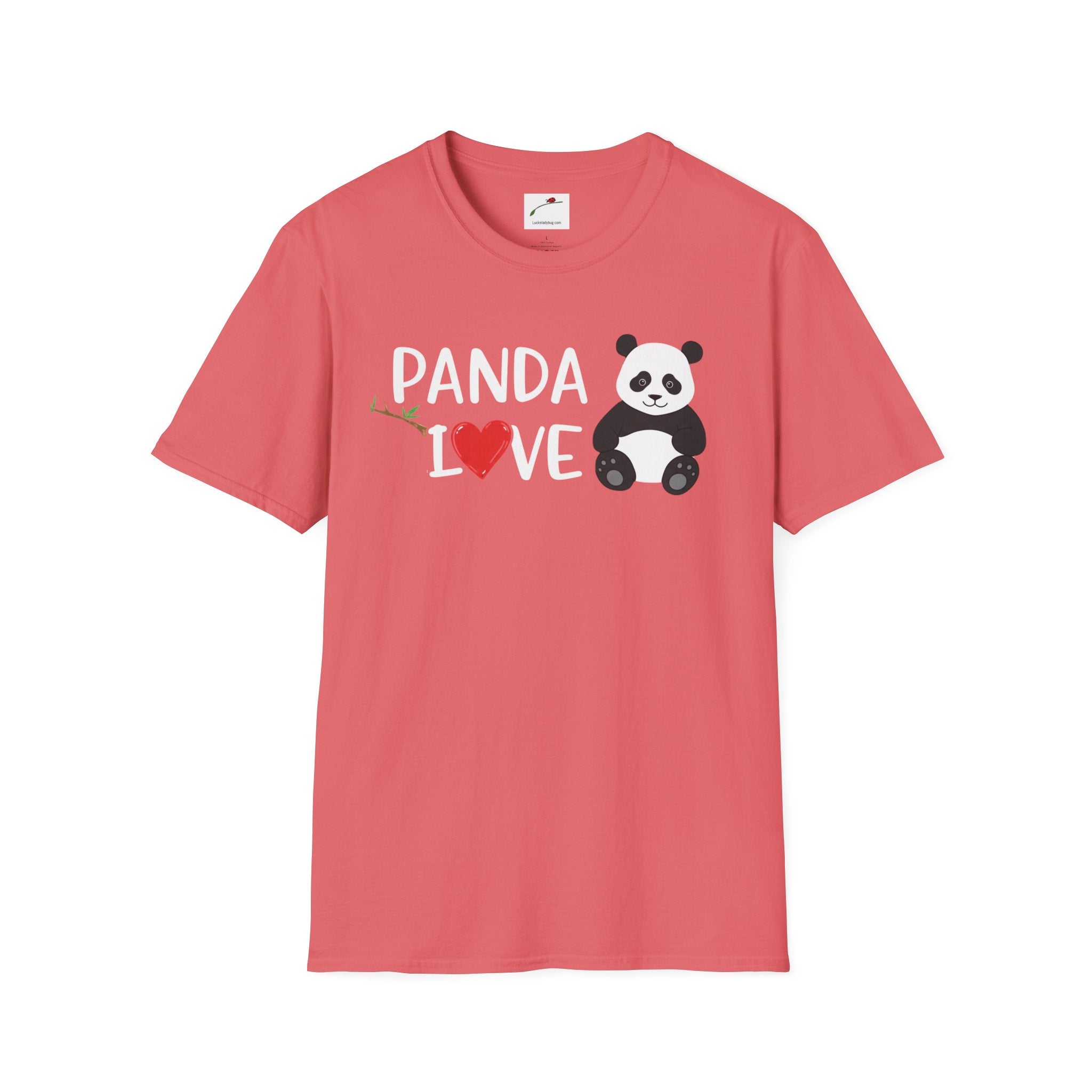 LuckeLadybug softstyle panda love shirt in coral with cute panda and heart graphic design