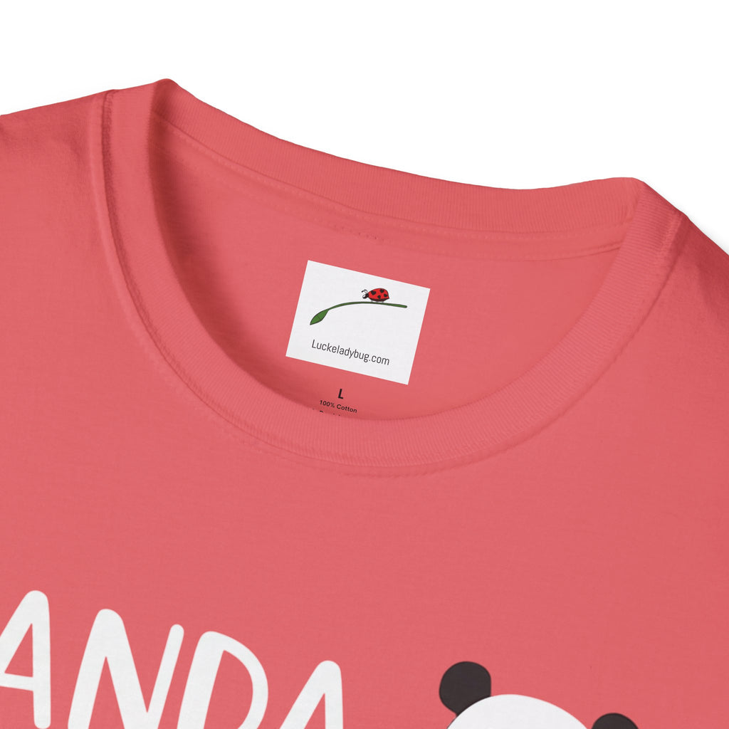 Close-up of LuckeLadybug softstyle panda love shirt in red with panda graphic and crew neckline