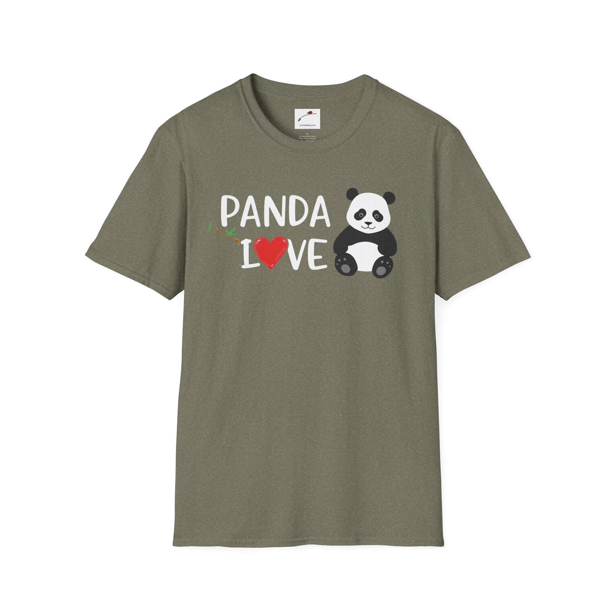 LuckeLadybug softstyle panda love shirt with cute panda and heart graphic on olive green tee